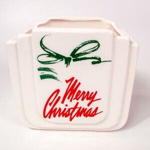 Vintage Napco Ceramic Art Deco White Planter Merry Christmas Green Bow Holiday D
